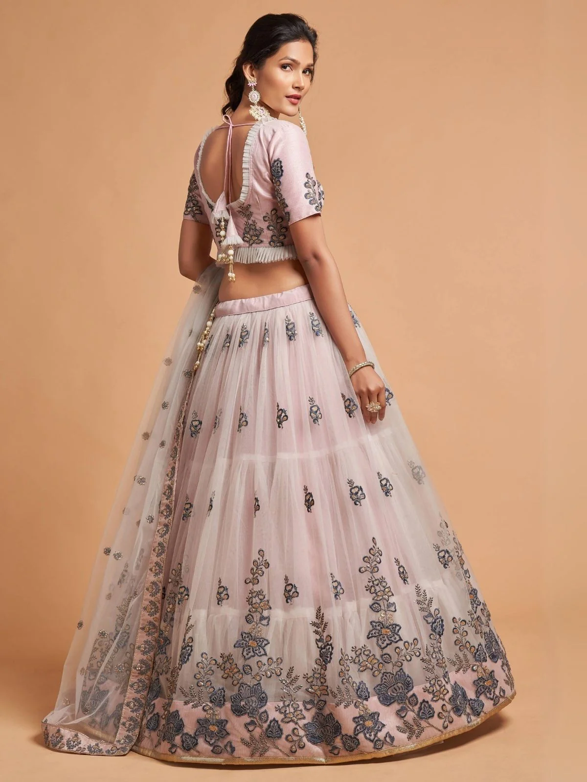 Odette Grey And Peach Soft Net Embroidered Semi Stitched Lehenga With Blouse For Women - Image 3