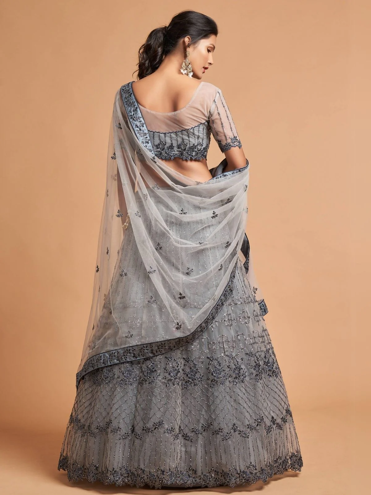Odette Grey Soft Net Embroidered Semi Stitched Lehenga With Blouse For Women - Image 3