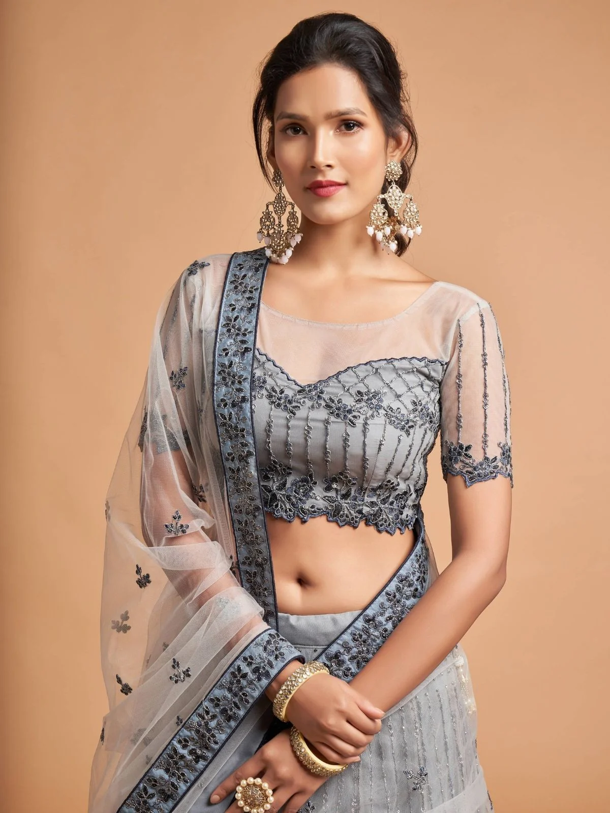 Odette Grey Soft Net Embroidered Semi Stitched Lehenga With Blouse For Women - Image 4