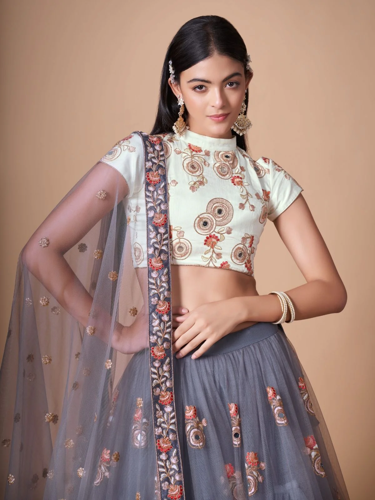 Odette Grey Soft Net Embroidered Semi Stitched Lehenga With Blouse For Women - Image 4