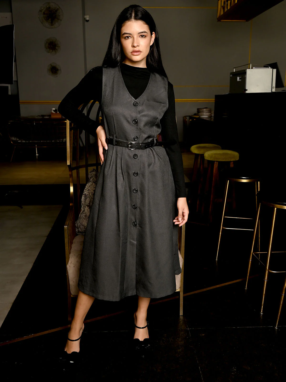 Odette Grey Suiting And Black Jersey Solid Dress for Women - Image 2