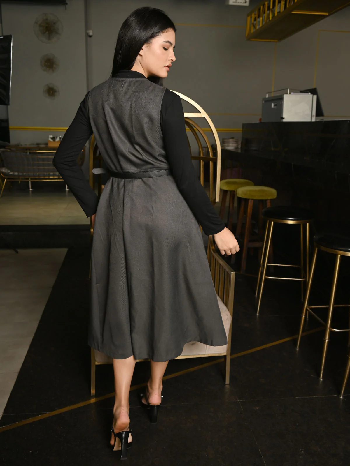 Odette Grey Suiting And Black Jersey Solid Dress for Women - Image 4