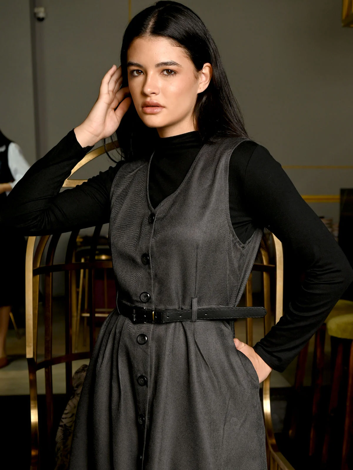 Odette Grey Suiting And Black Jersey Solid Dress for Women - Image 5