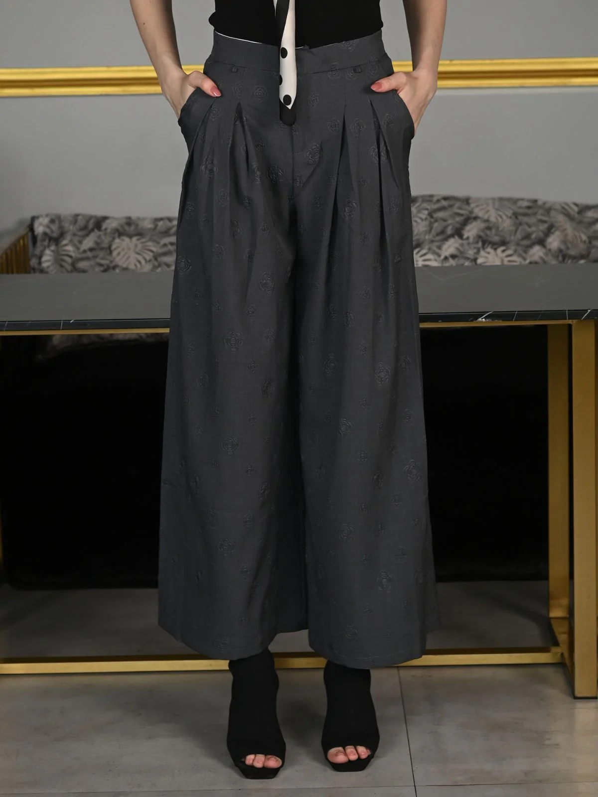 Odette Grey Suede Fabric Embossed Trouser For Women - Image 2