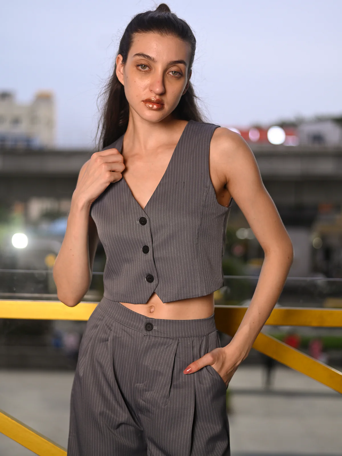 Odette Grey Suede Fabric Stitched Co-Ord Set For Women - Image 4
