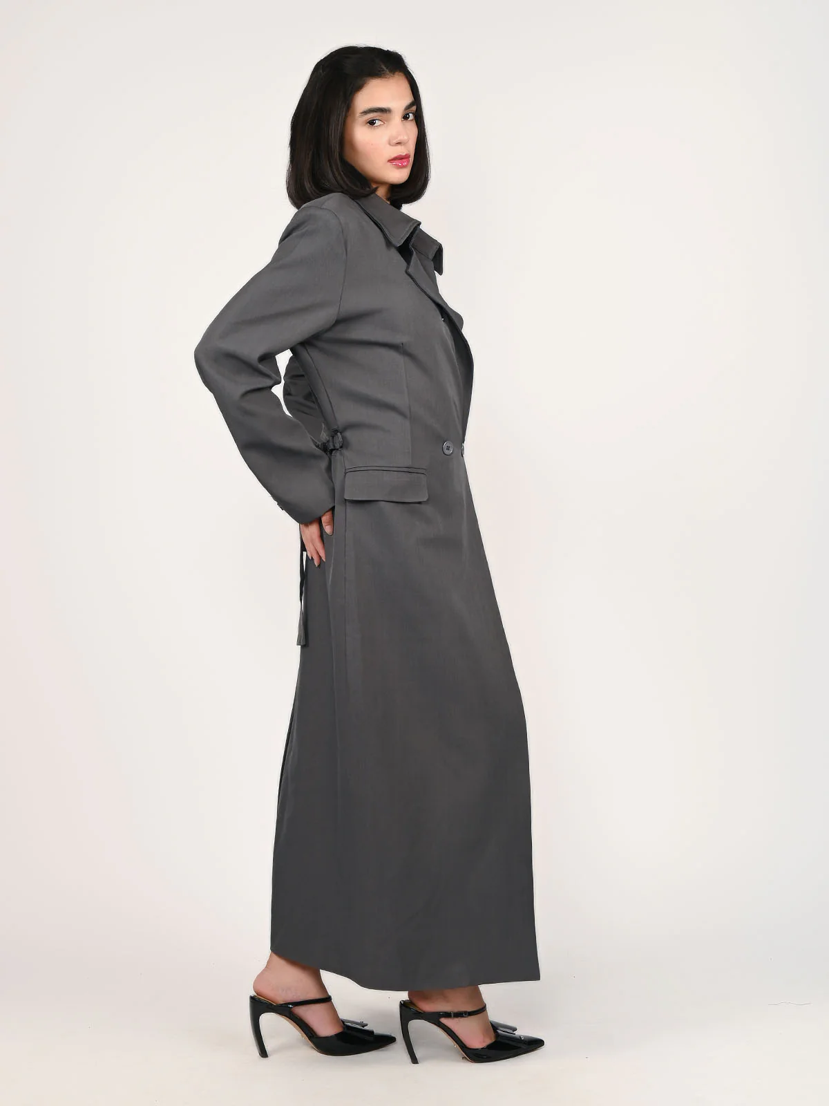Odette Grey Suiting fabric Solid Overcoat For Women - Image 3