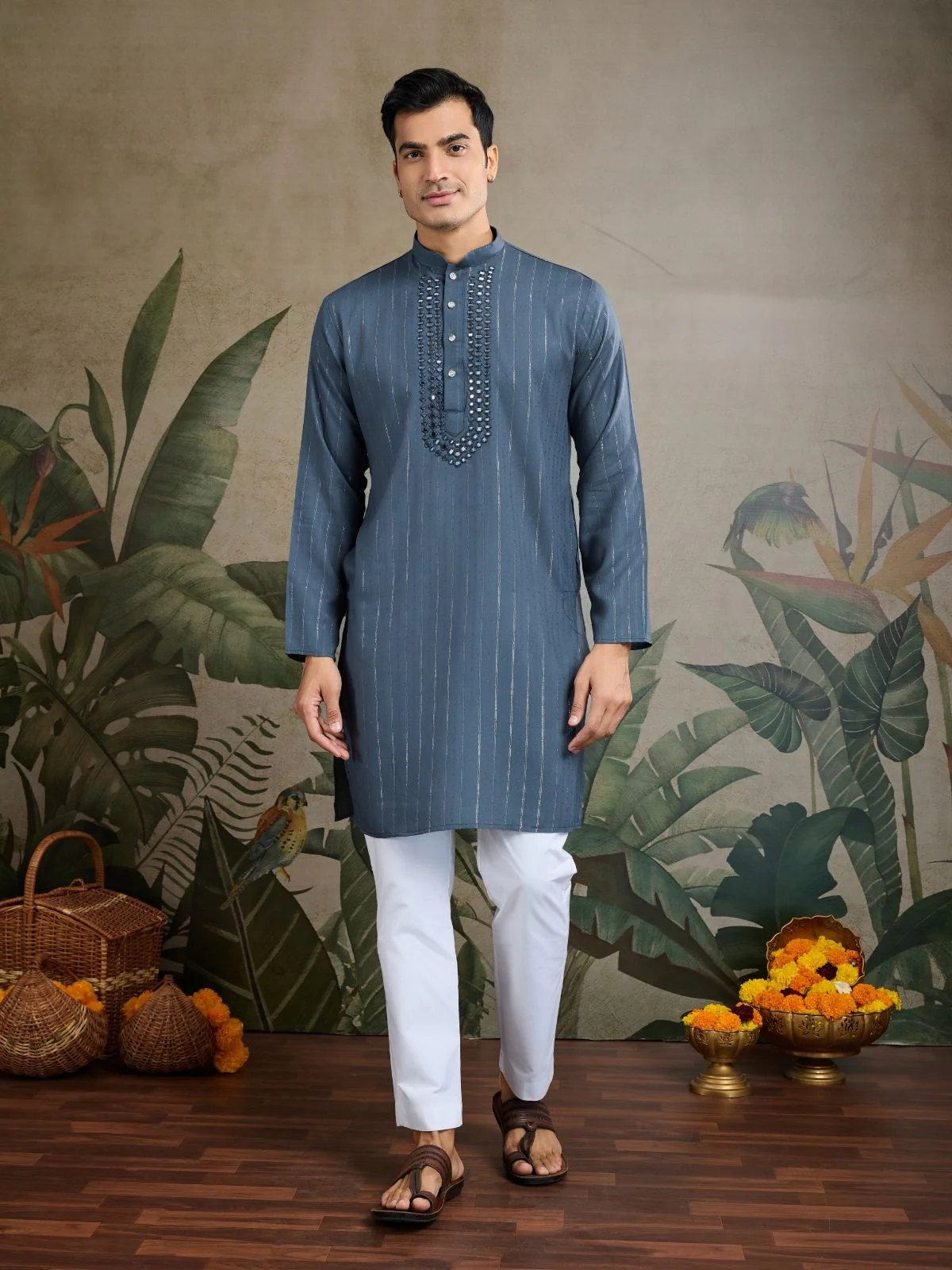 Odette Grey Viscose Rayon Embellished Stitched Kurta For Men - Image 3