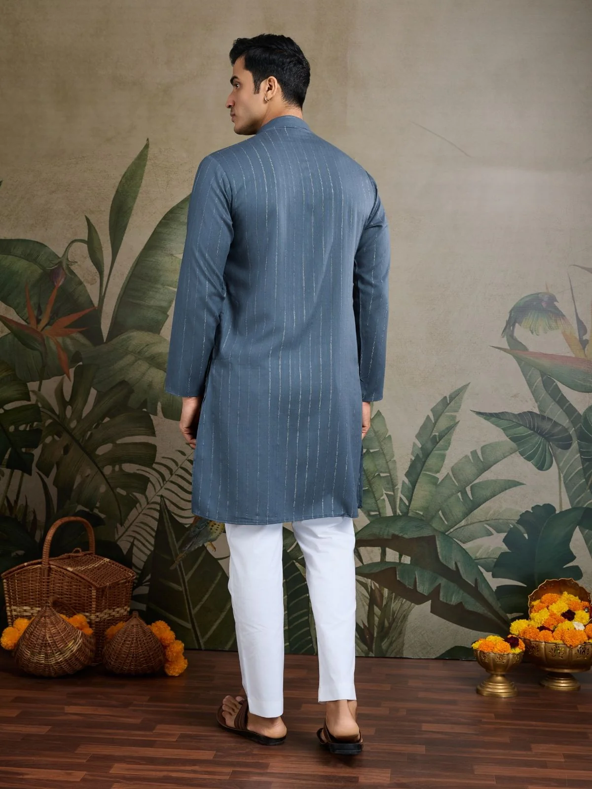 Odette Grey Viscose Rayon Embellished Stitched Kurta For Men - Image 4