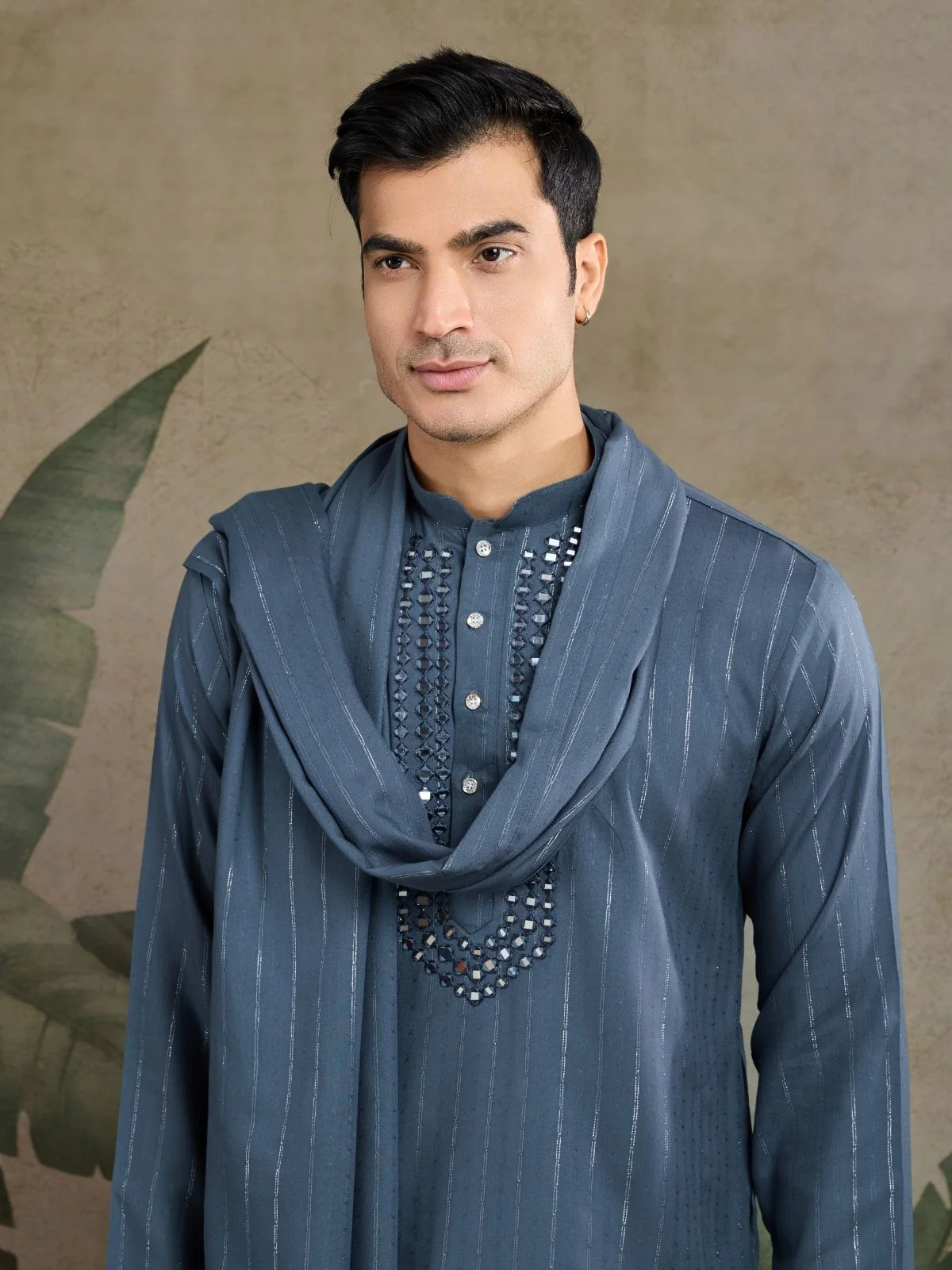 Odette Grey Viscose Rayon Embellished Stitched Kurta For Men - Image 5