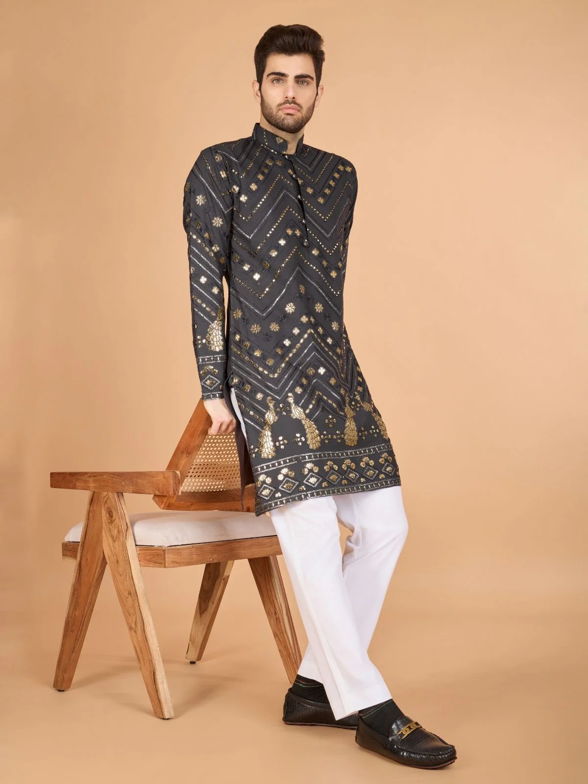 Odette Grey Viscose Rayon Embroidered Stitched Kurta For Men - Image 2