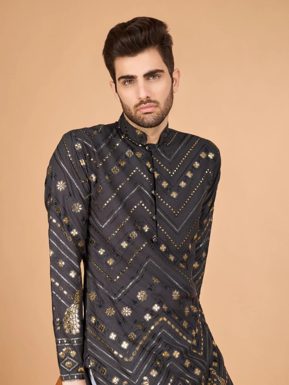 Odette Grey Viscose Rayon Embroidered Stitched Kurta For Men - Image 6