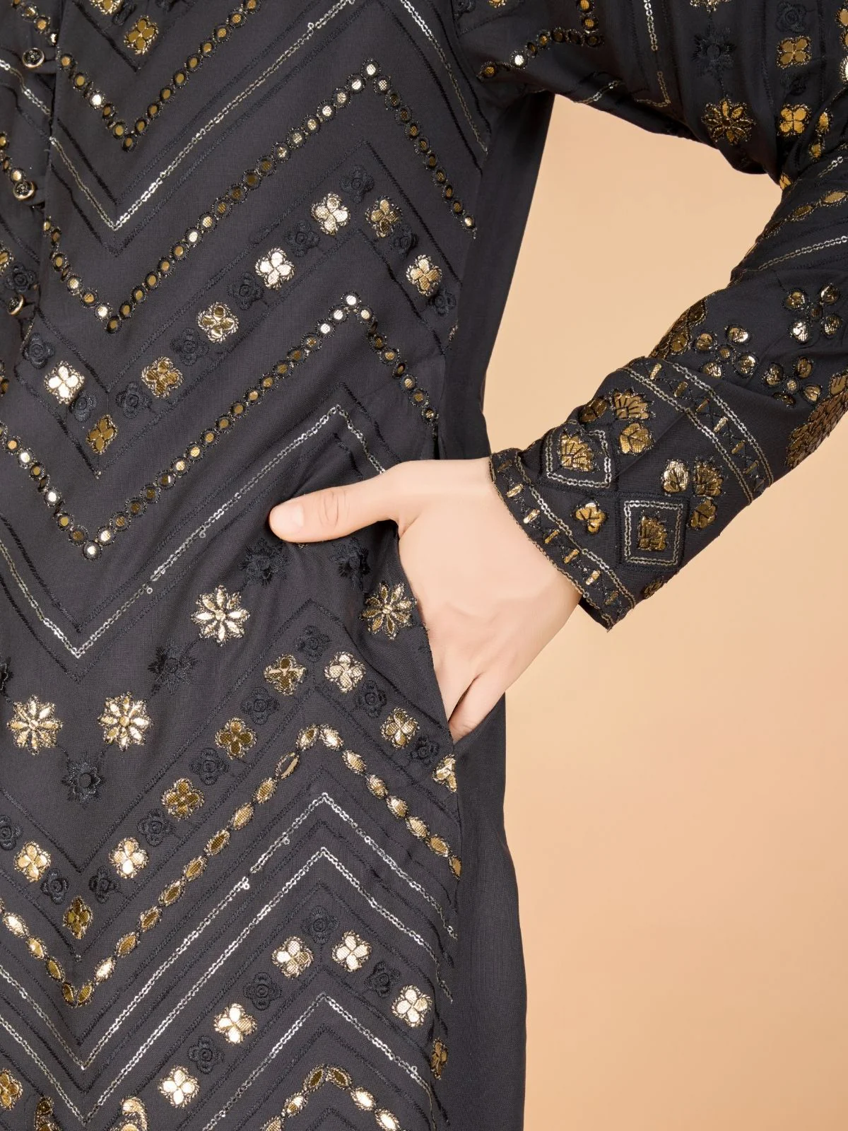Odette Grey Viscose Rayon Embroidered Stitched Kurta For Men - Image 8
