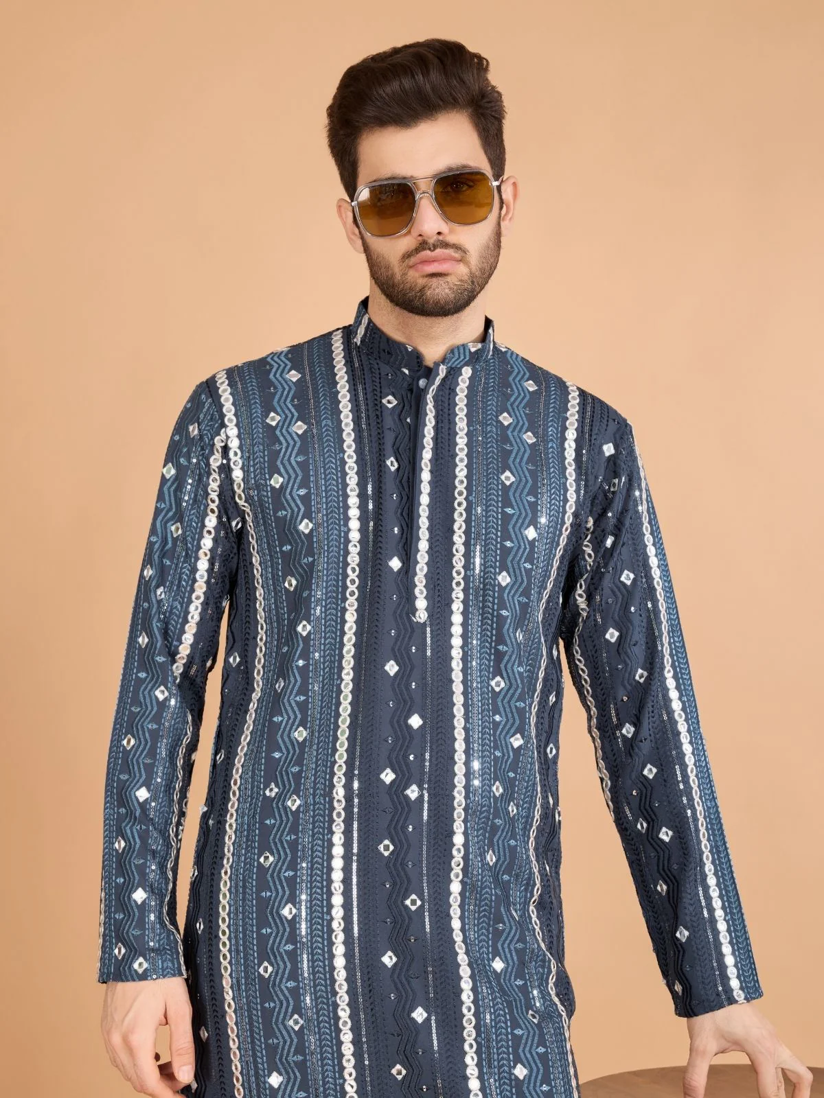 Odette Grey Viscose Rayon Embroidered Stitched Kurta For Men - Image 4