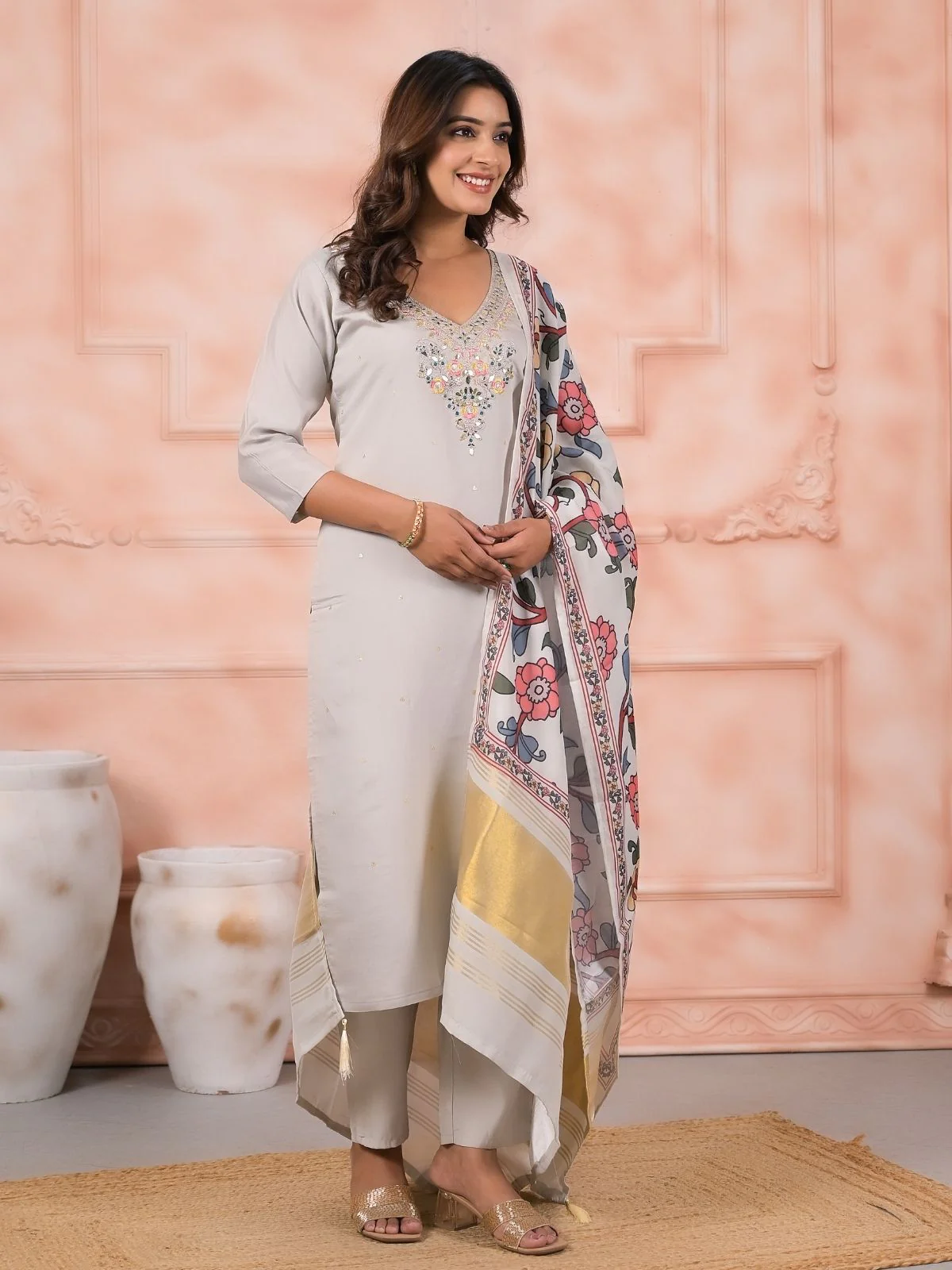 Odette Grey Viscose Rayon Embroidered Stitched Kurta Set For Women - Image 2