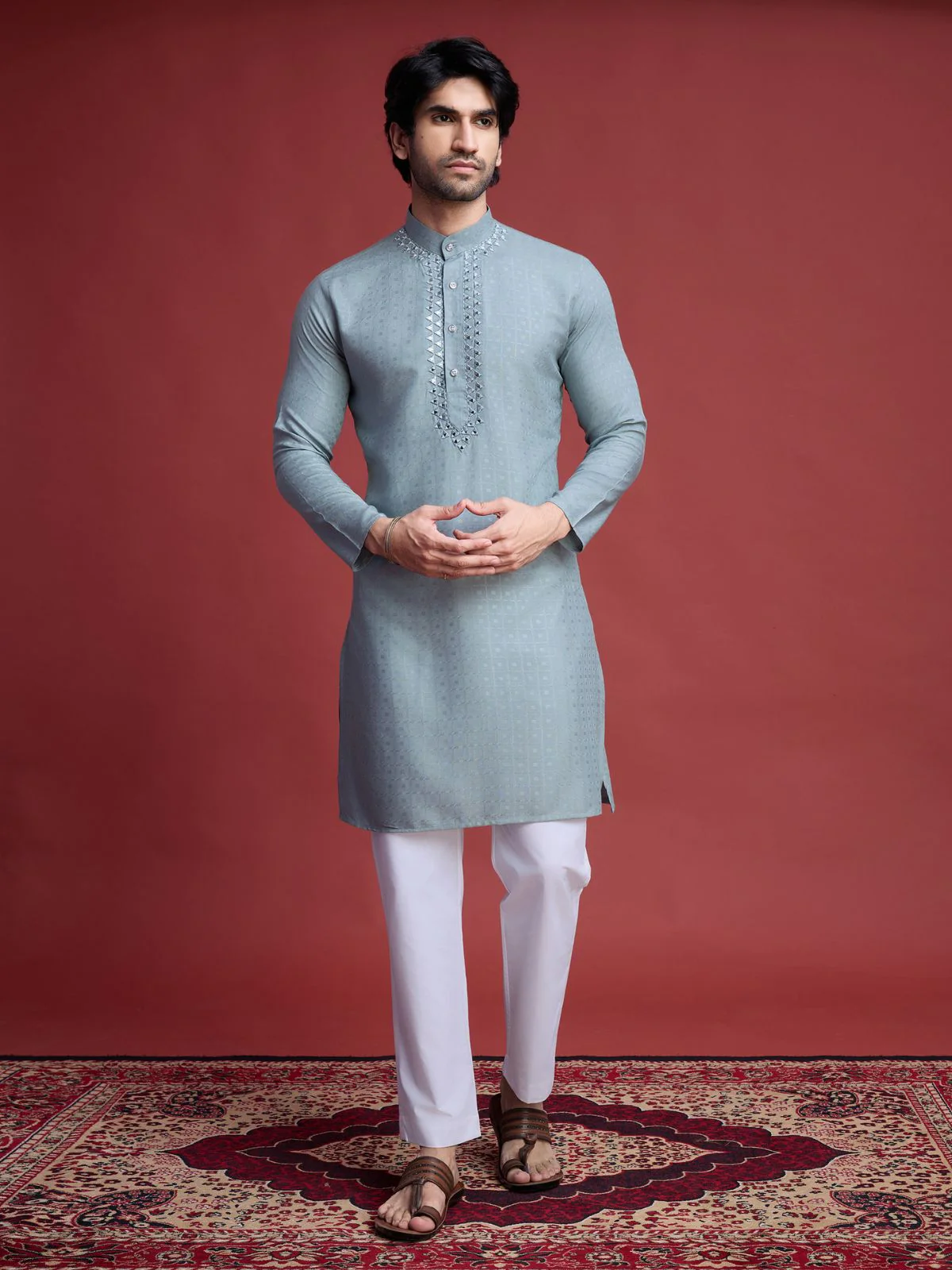 Odette Grey Viscose Rayon Mirror Work Stitched Kurta For Men - Image 2