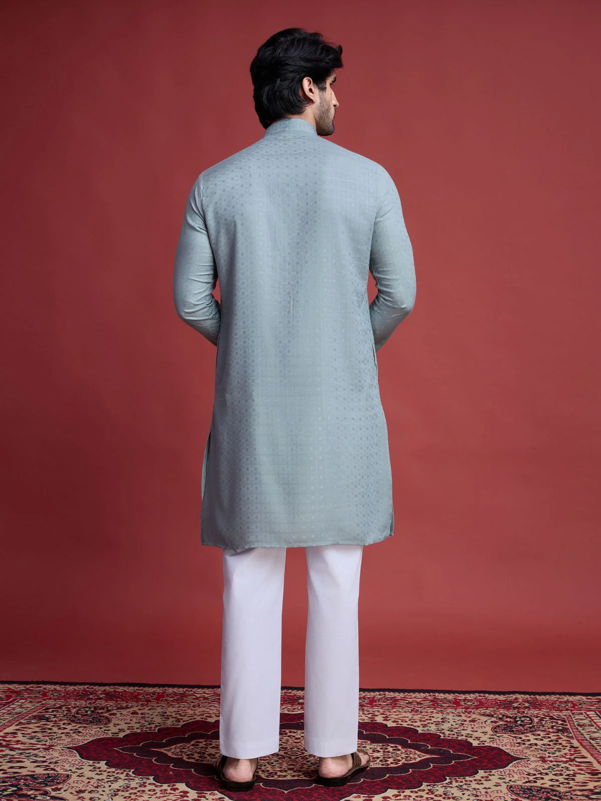 Odette Grey Viscose Rayon Mirror Work Stitched Kurta For Men - Image 3