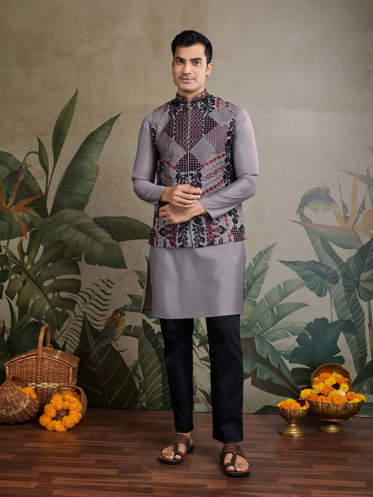 Odette Grey Viscose Silk Embroidered Stitched Kurta For Men - Image 2