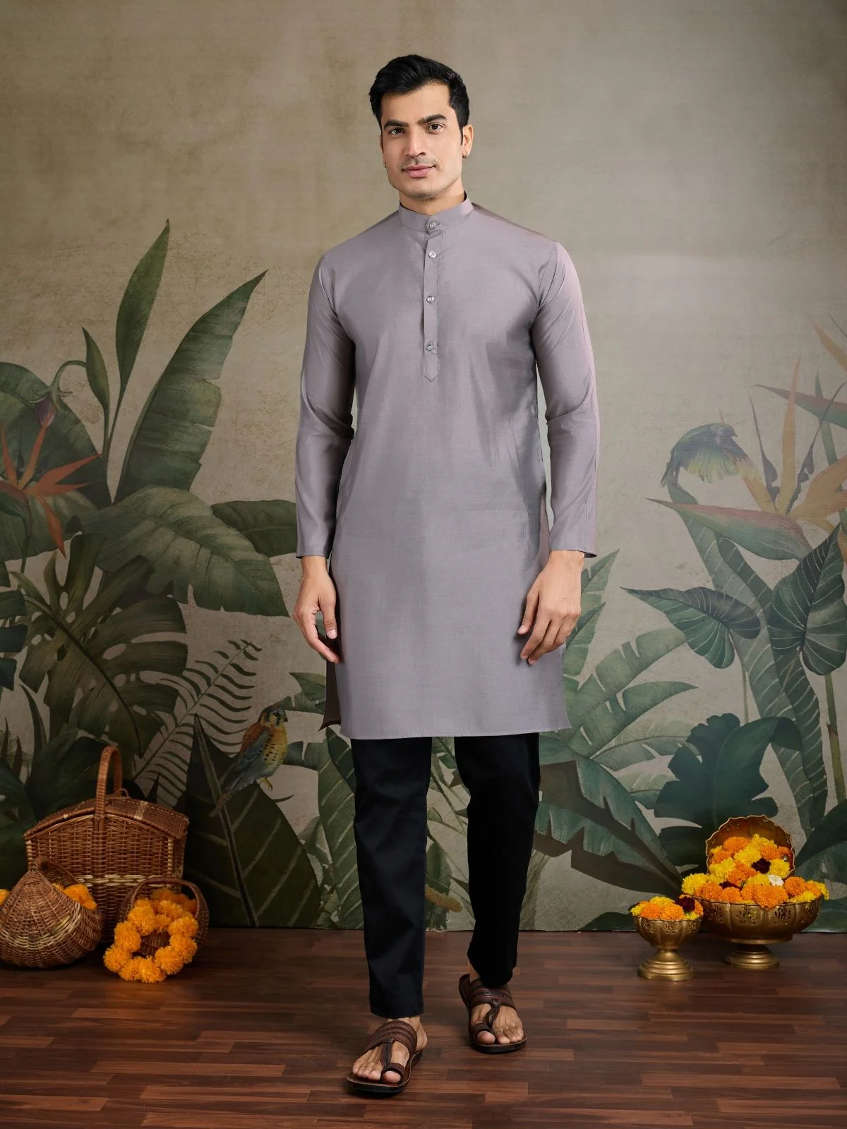 Odette Grey Viscose Silk Embroidered Stitched Kurta For Men - Image 3