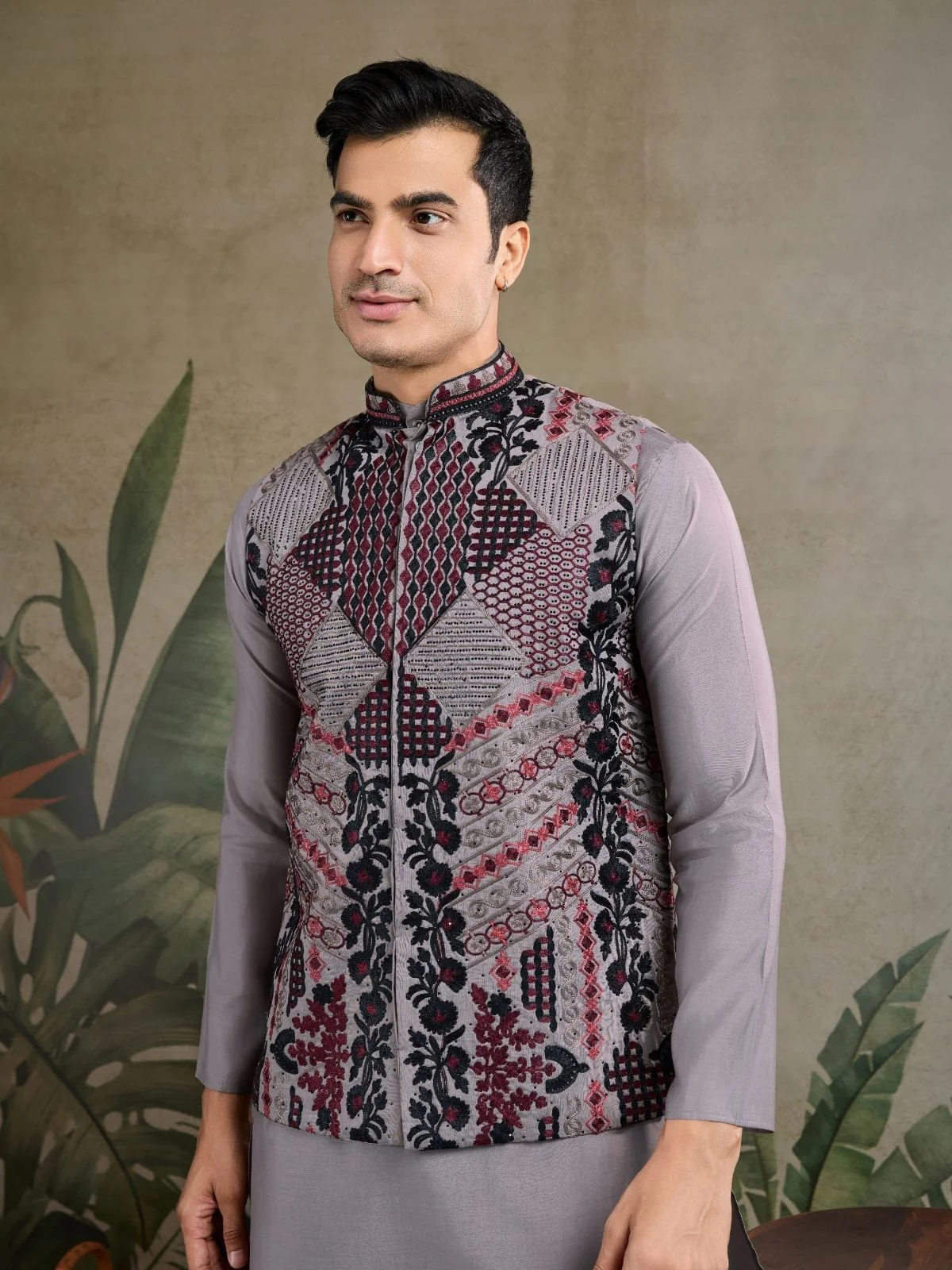 Odette Grey Viscose Silk Embroidered Stitched Kurta For Men - Image 5