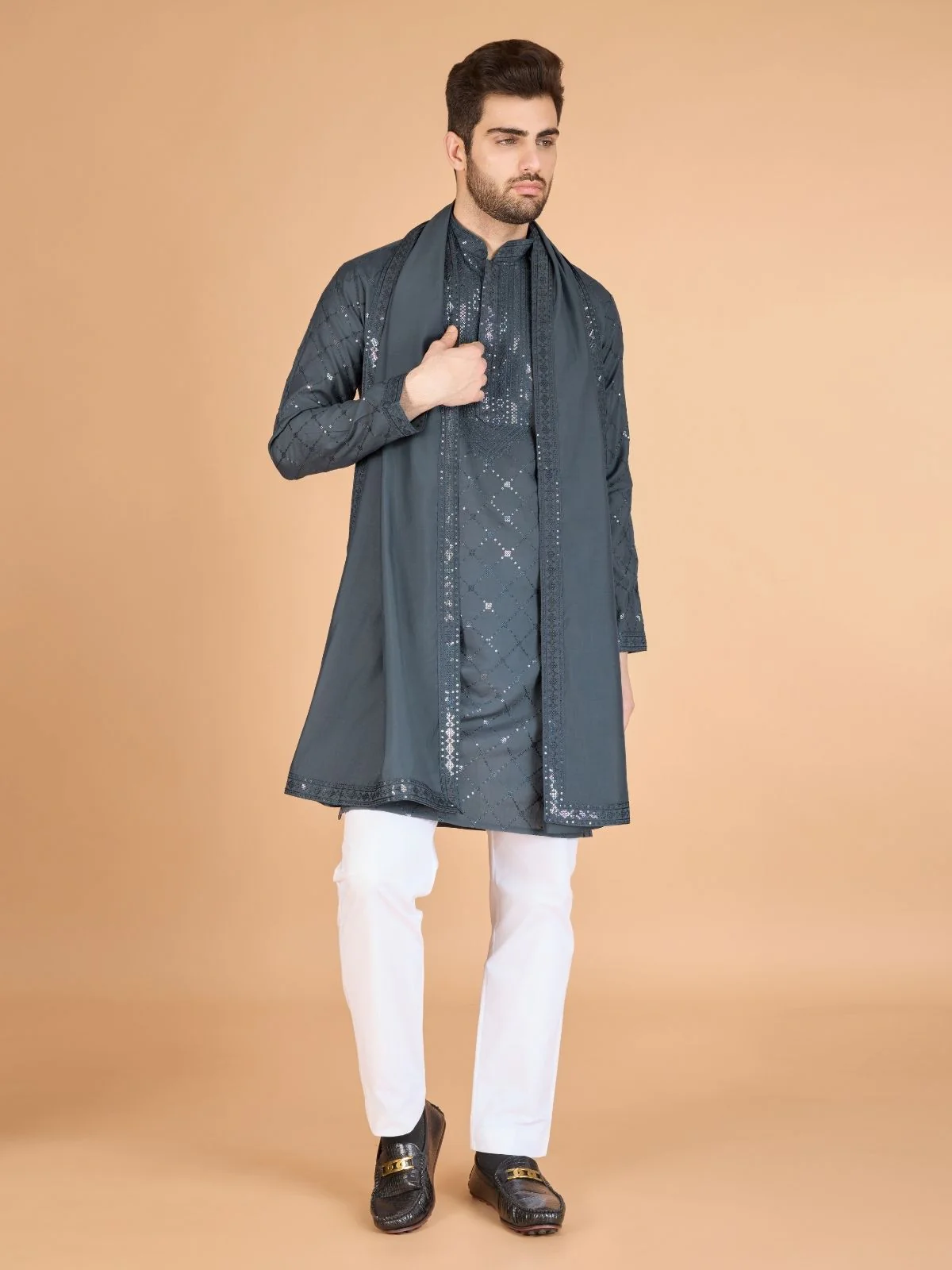 Odette Grey Viscose Silk Sequins Stitched Kurta For Men - Image 2