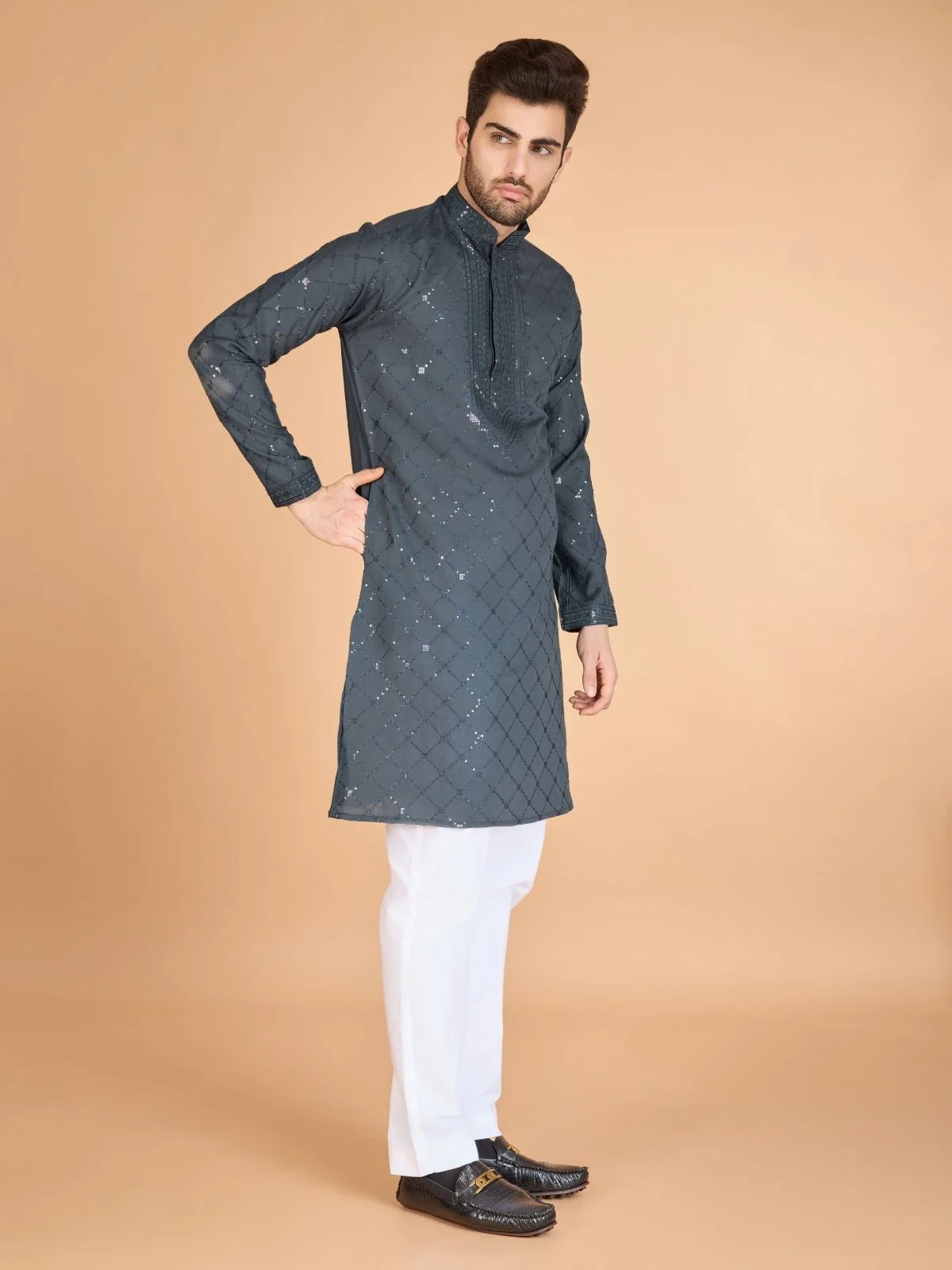 Odette Grey Viscose Silk Sequins Stitched Kurta For Men - Image 3