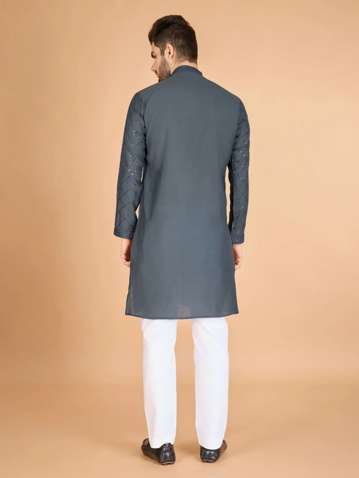 Odette Grey Viscose Silk Sequins Stitched Kurta For Men - Image 4