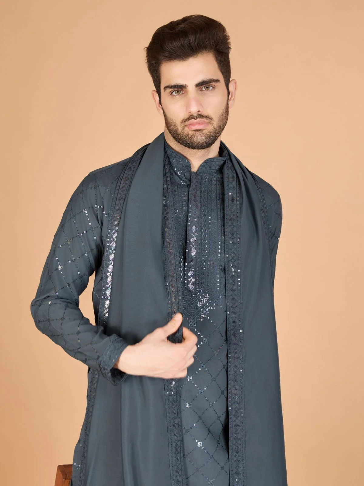 Odette Grey Viscose Silk Sequins Stitched Kurta For Men - Image 5