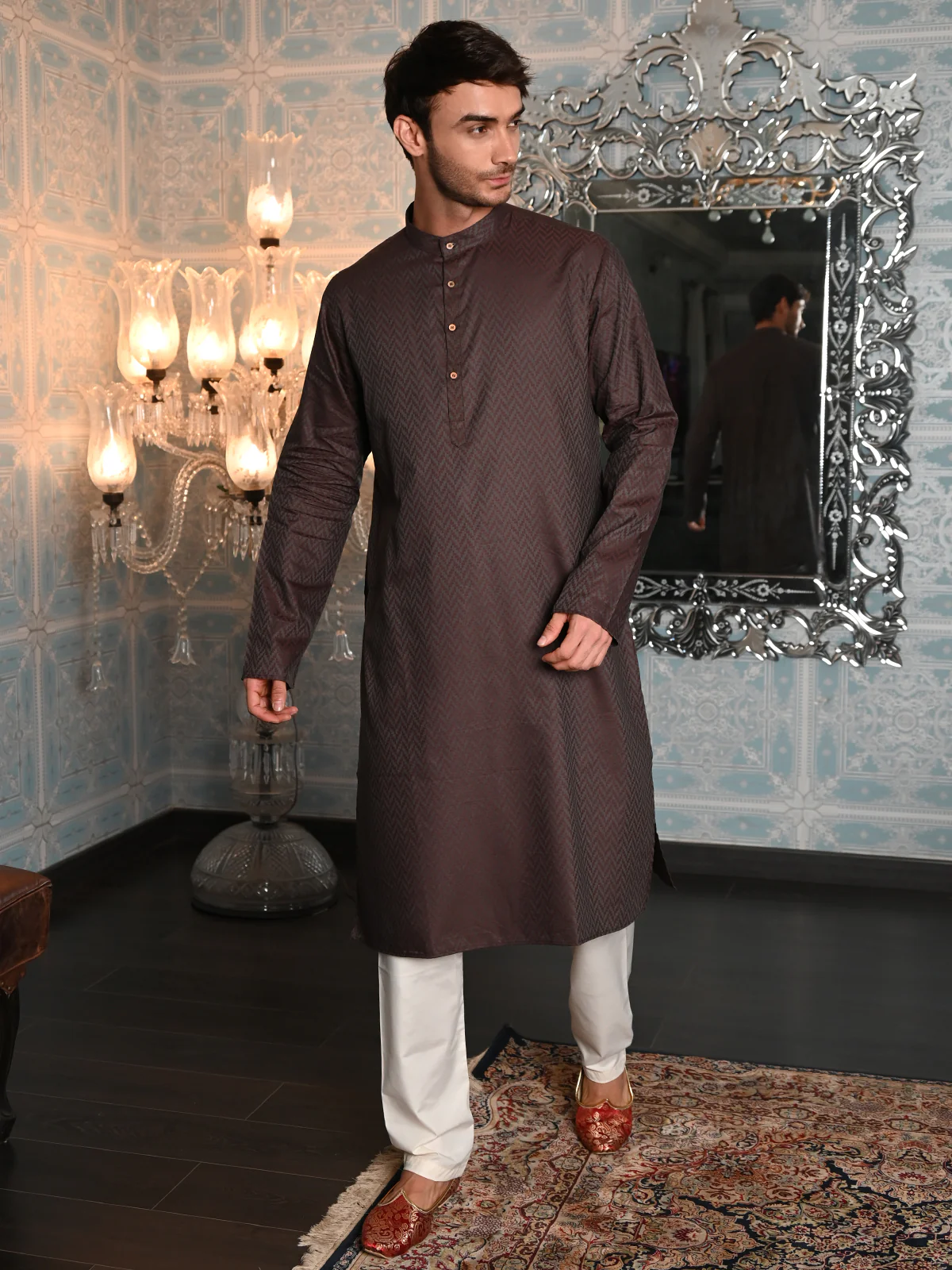 Odette Grey and Brown Woven Cotton Traditional Kurta Set For Men - Image 3