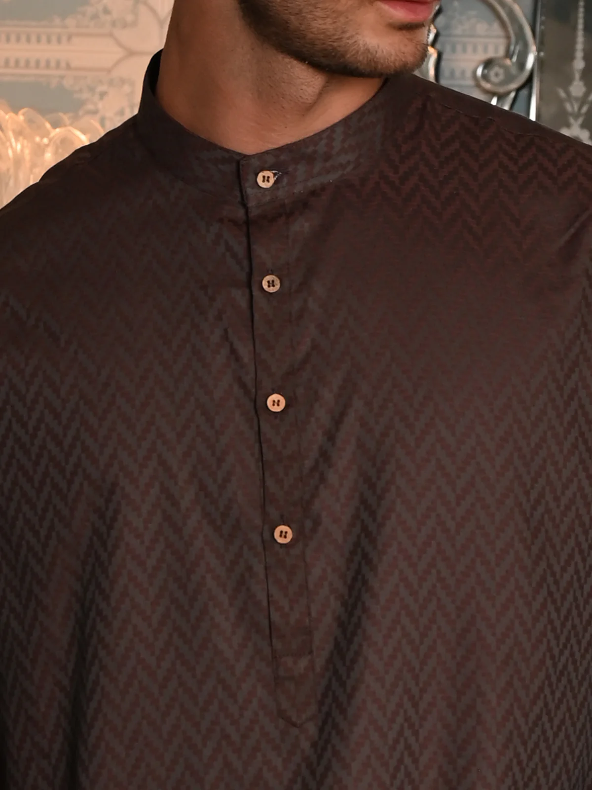 Odette Grey and Brown Woven Cotton Traditional Kurta Set For Men - Image 5
