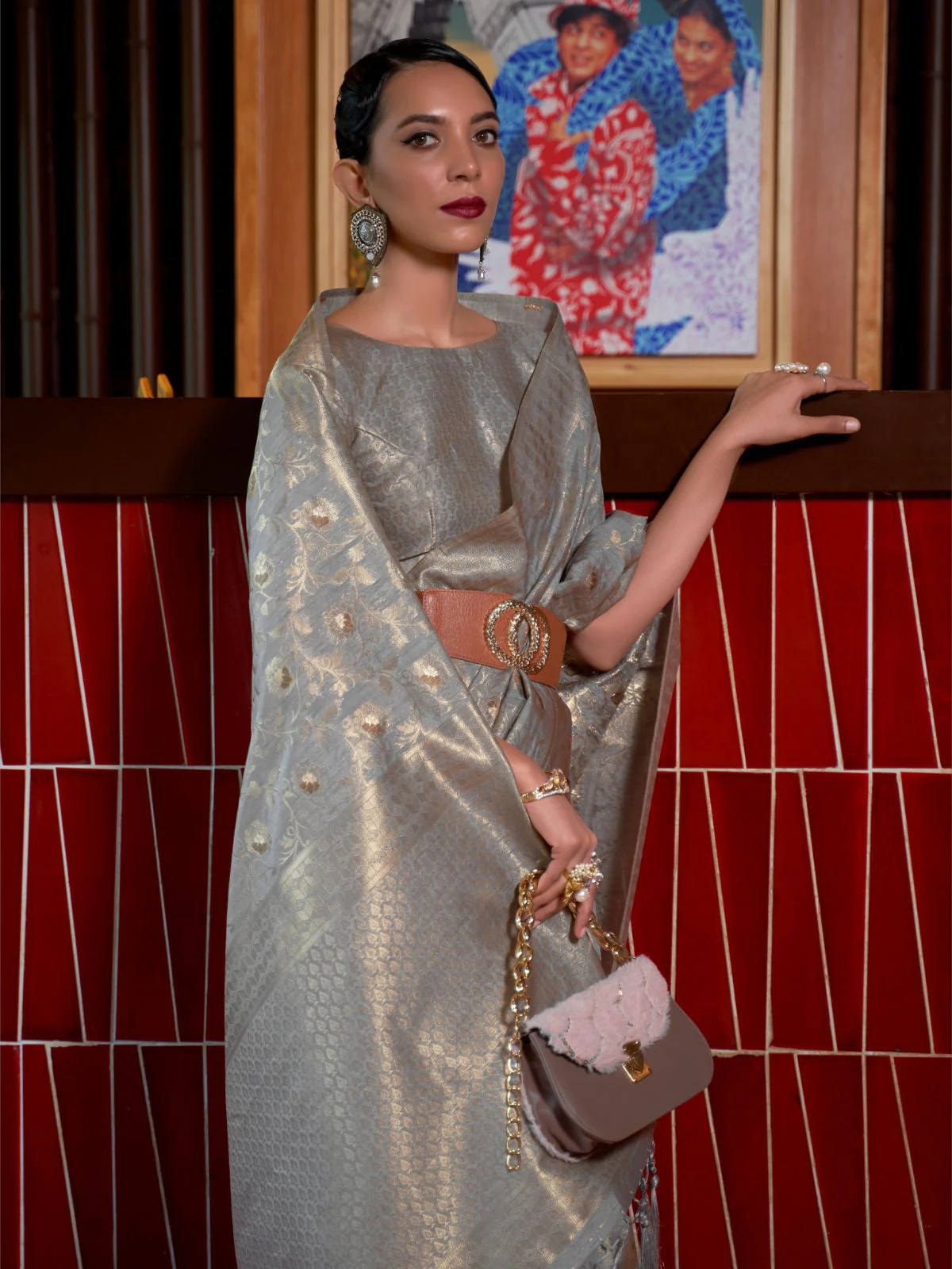 Odette Grey Woven Design Silk Blend Saree With Unstitched Blouse For Women - Image 2