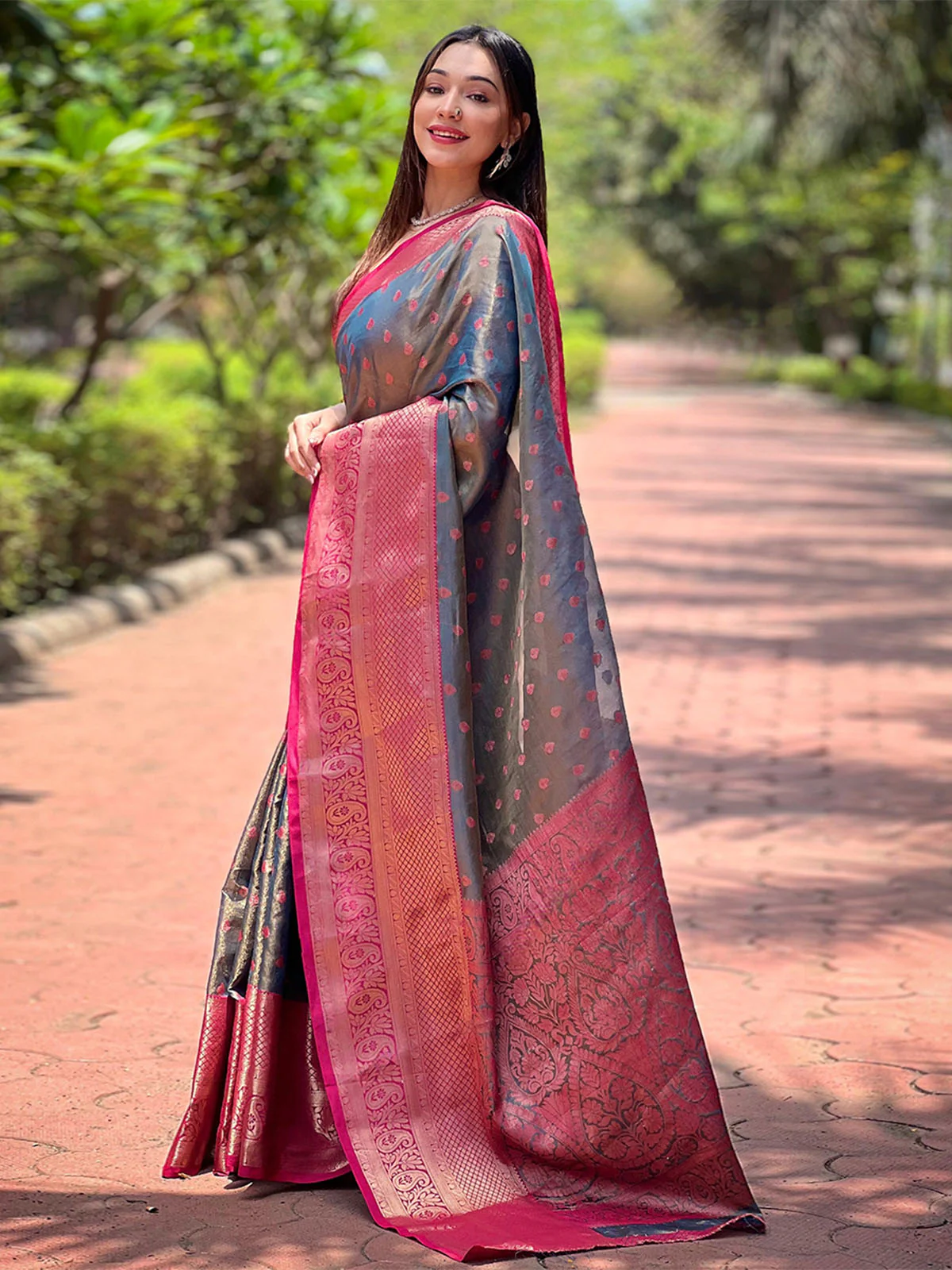 Odette Grey Woven Design Tissue Silk Saree With Unstitched Blouse For Women - Image 2