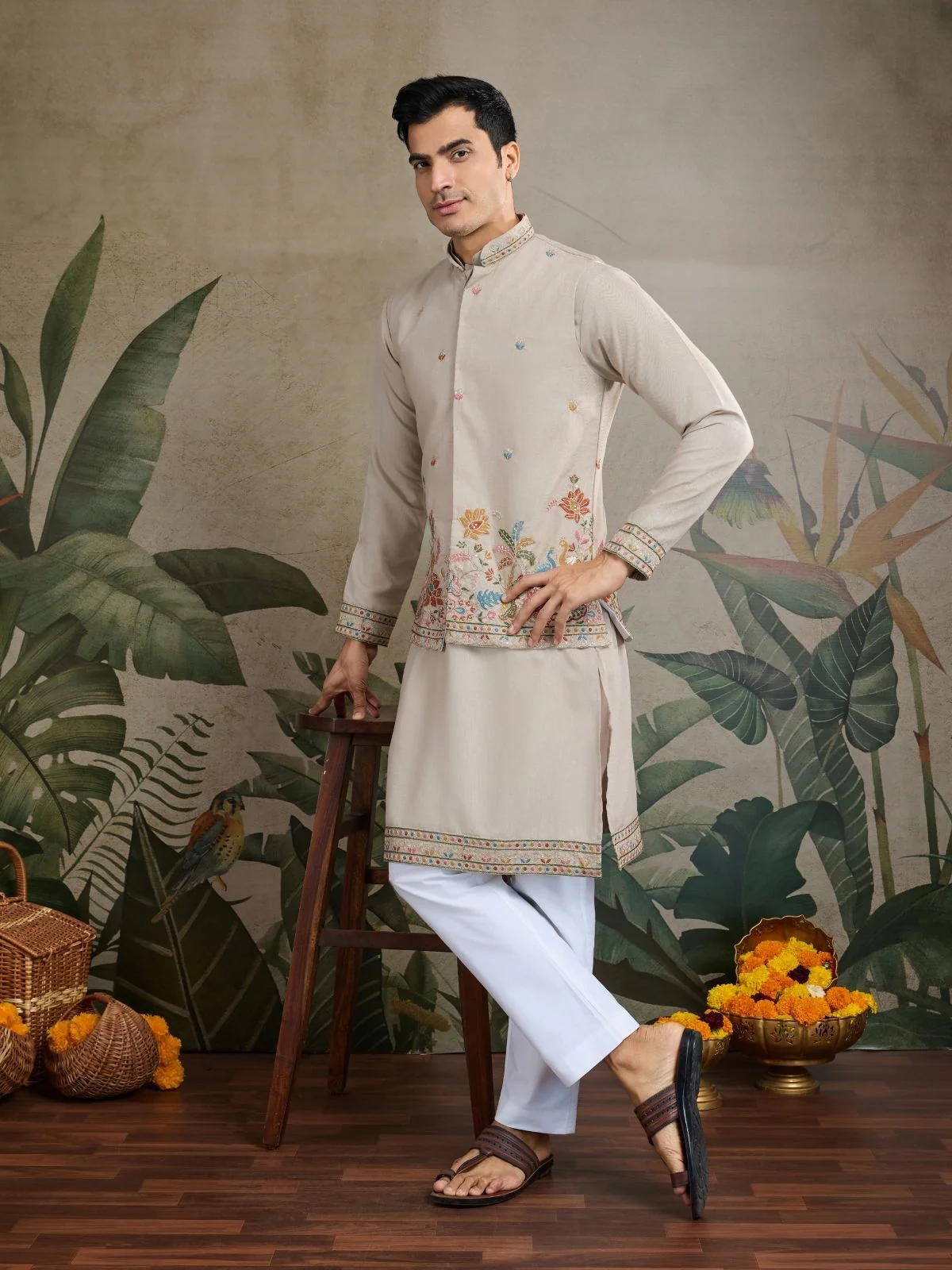 Odette Ivory Cotton Blend Embroidered Stitched Kurta For Men - Image 3