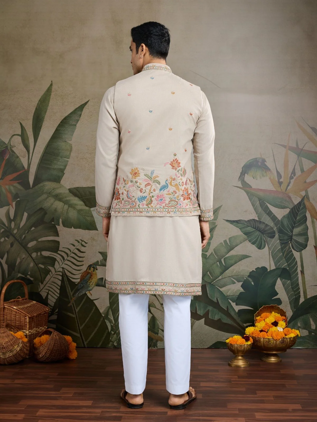 Odette Ivory Cotton Blend Embroidered Stitched Kurta For Men - Image 5