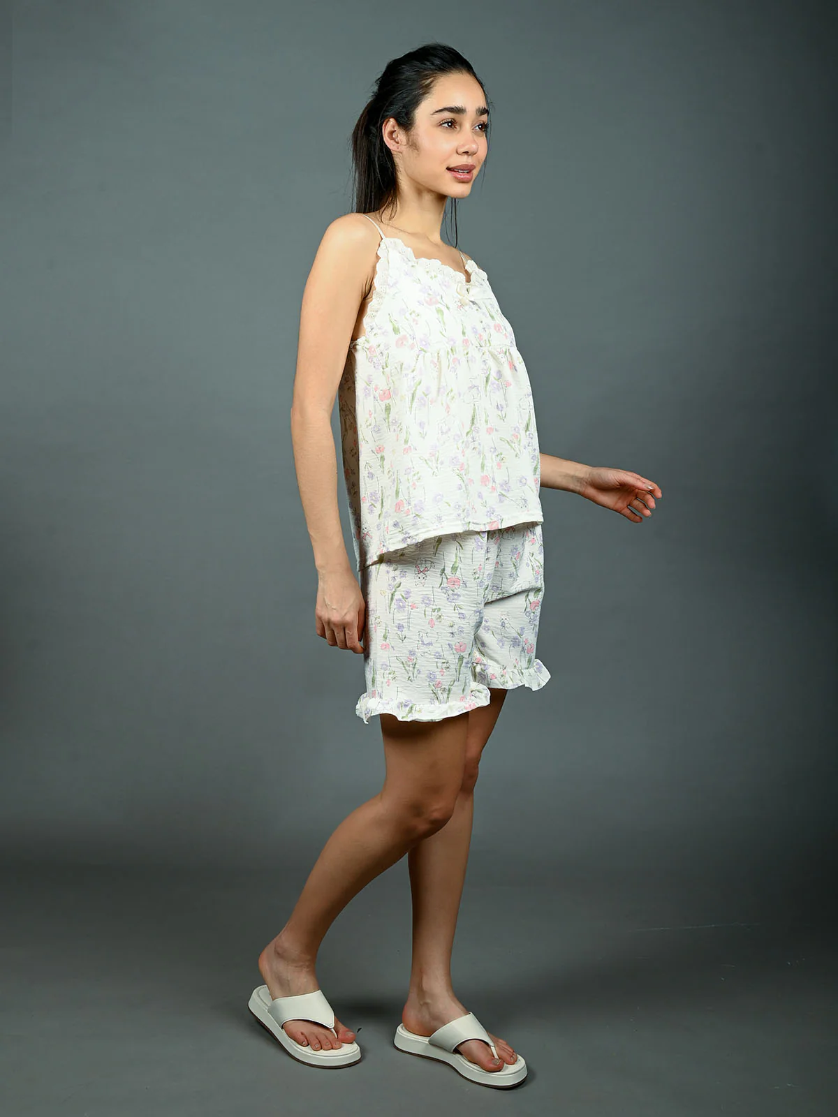 Odette Ivory Cotton Blend Printed Night Wear Set For Women - Image 2
