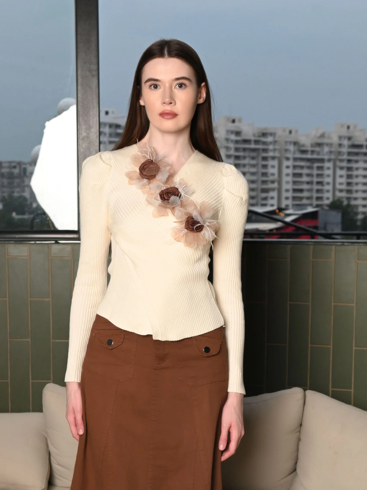 Odette Ivory Cotton Rib Solid Top For Women - Image 4