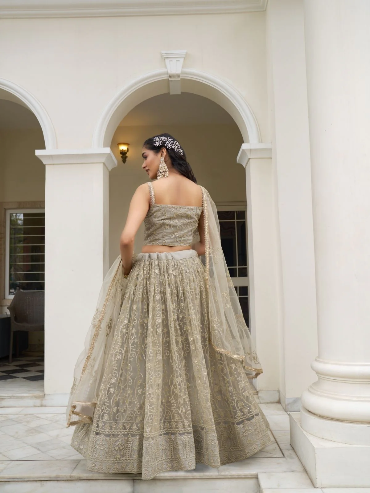 Odette Ivory Net Embroidered Semi Stitched Lehenga For Women - Image 3