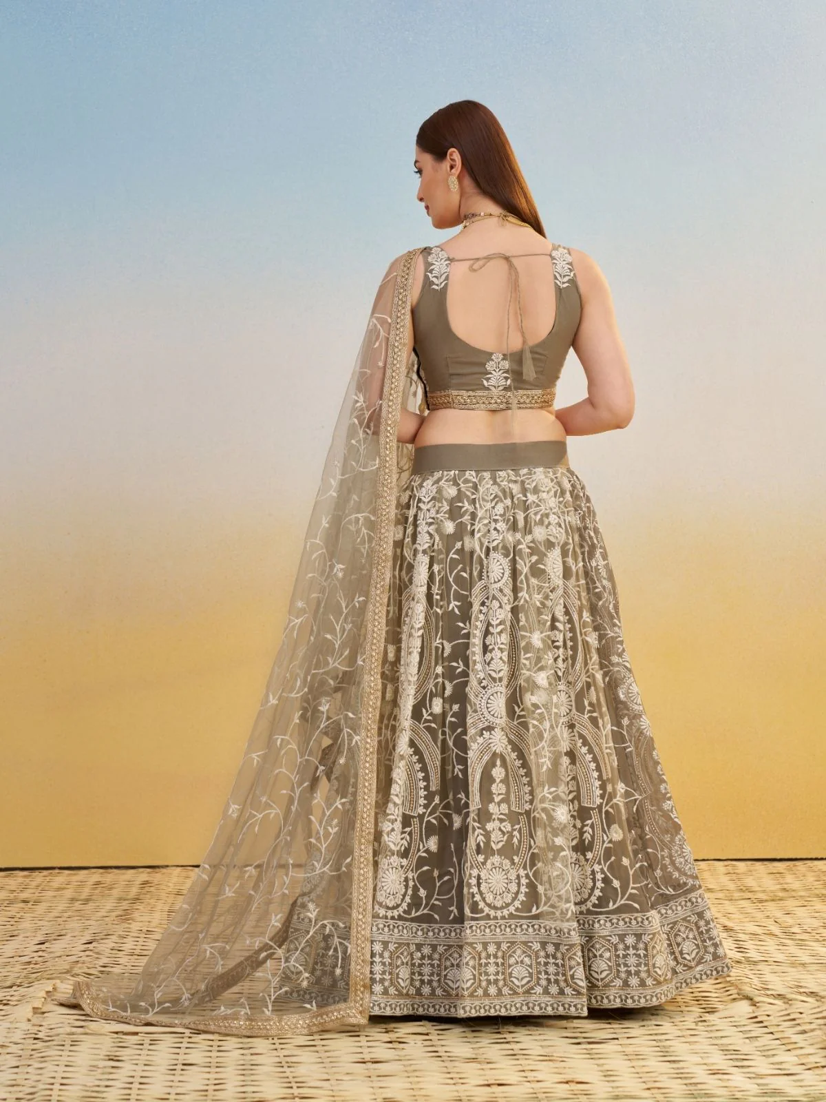 Odette Ivory Net Embroidered Semi Stitched Lehenga For Women - Image 4