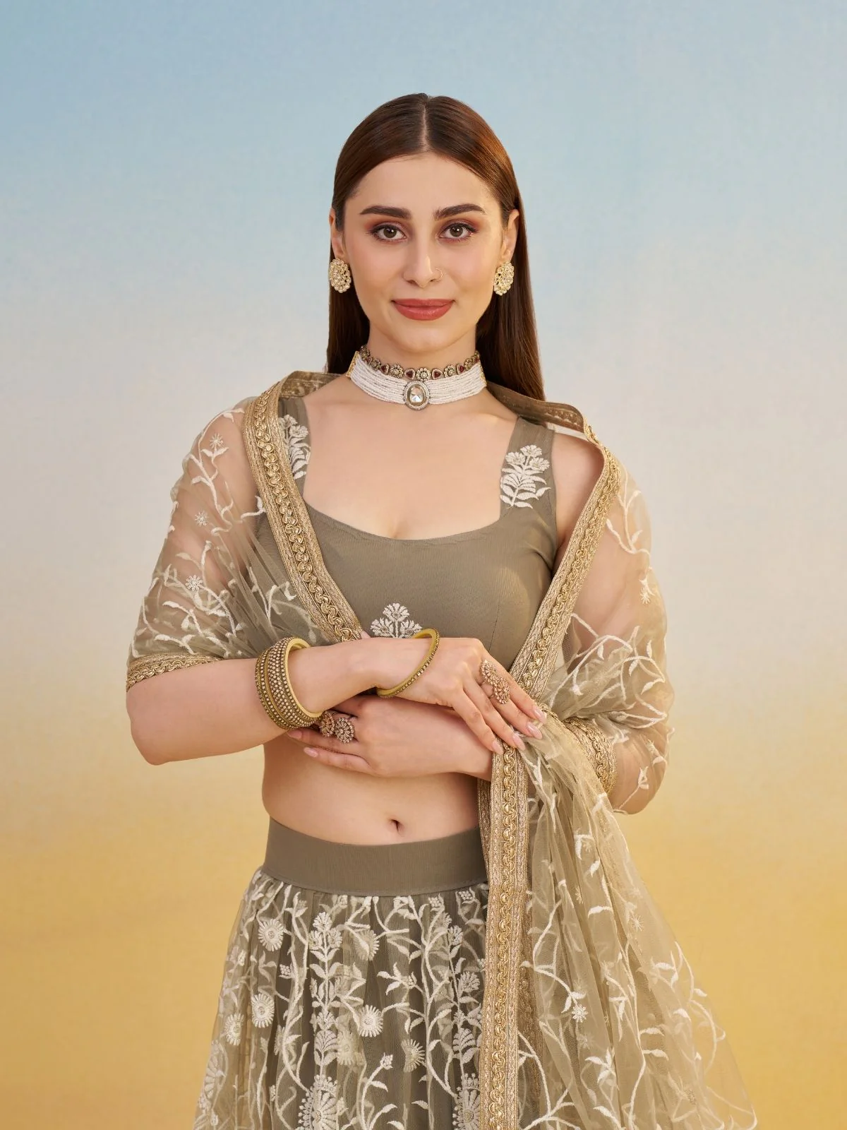 Odette Ivory Net Embroidered Semi Stitched Lehenga For Women - Image 5