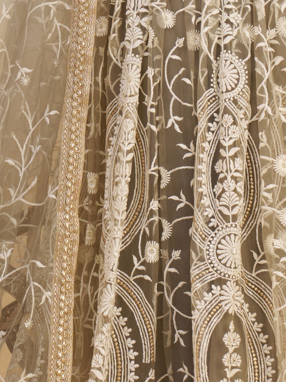 Odette Ivory Net Embroidered Semi Stitched Lehenga For Women - Image 6