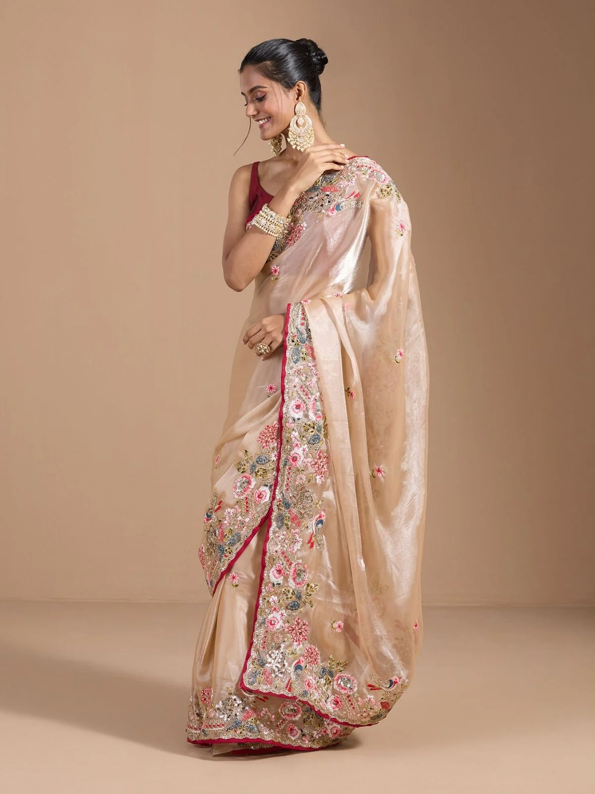 Odette Ivory Organza Embroidered Solid Saree For Women - Image 3