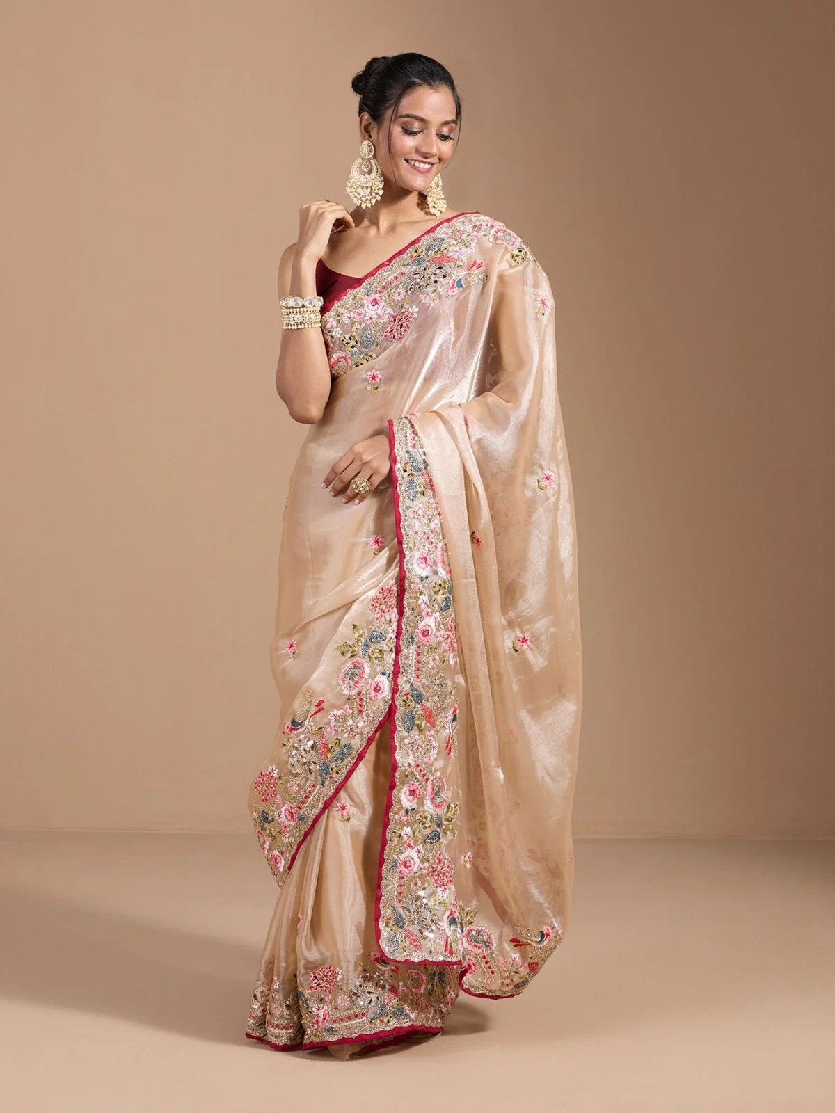 Odette Ivory Organza Embroidered Solid Saree For Women - Image 4