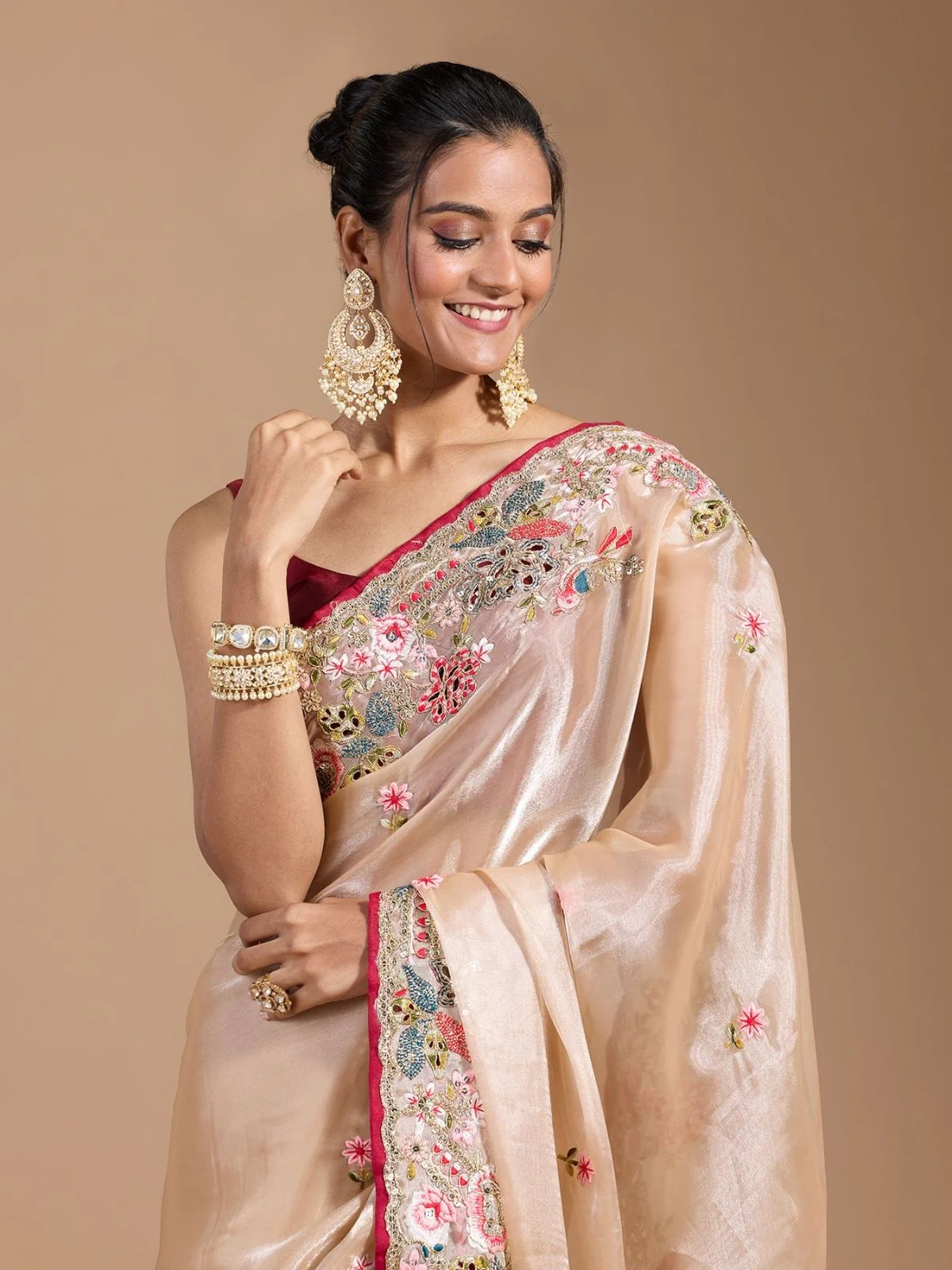 Odette Ivory Organza Embroidered Solid Saree For Women - Image 5