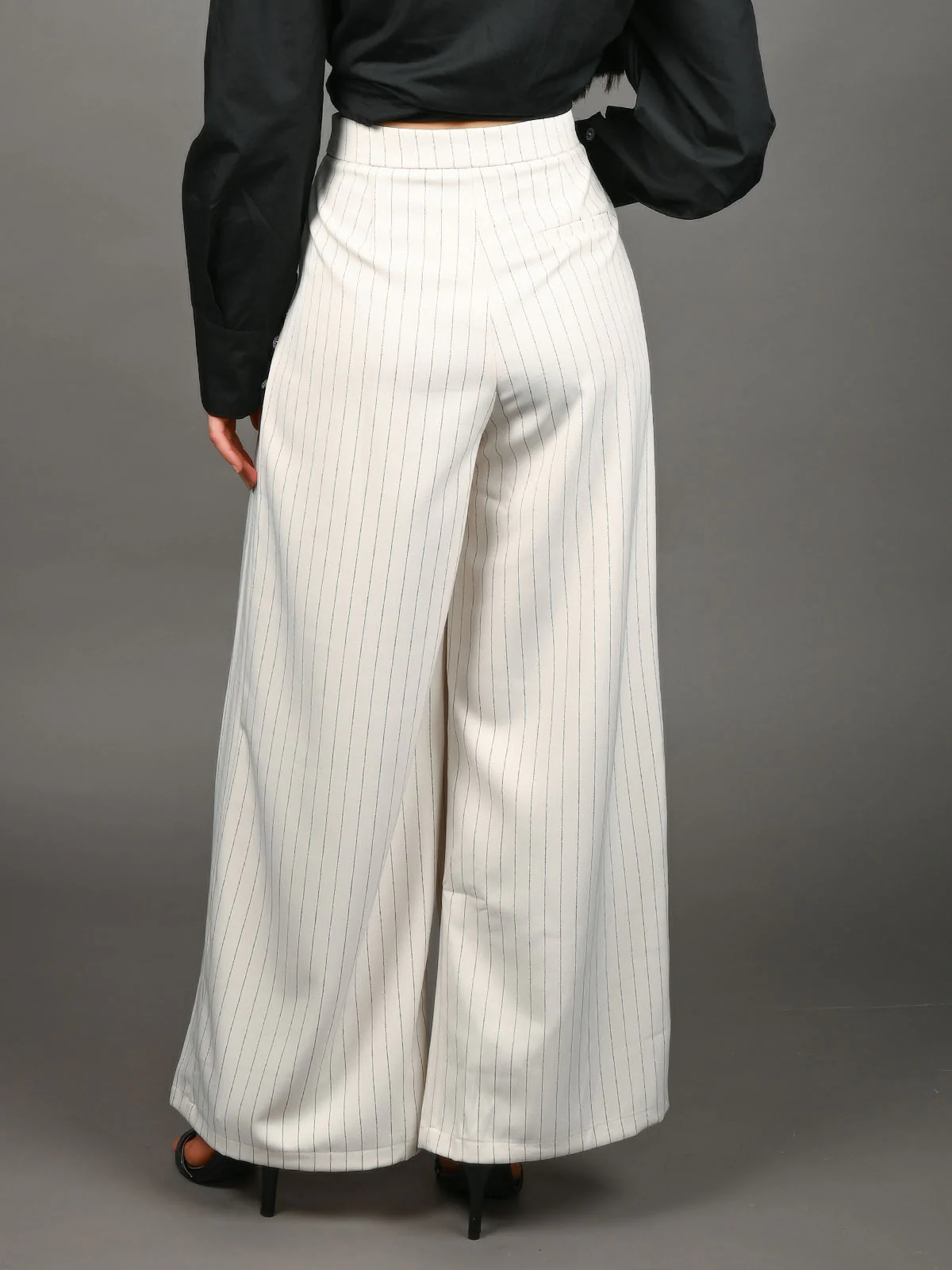 Odette Ivory Polyster Blend Striped Trouser For Women - Image 3