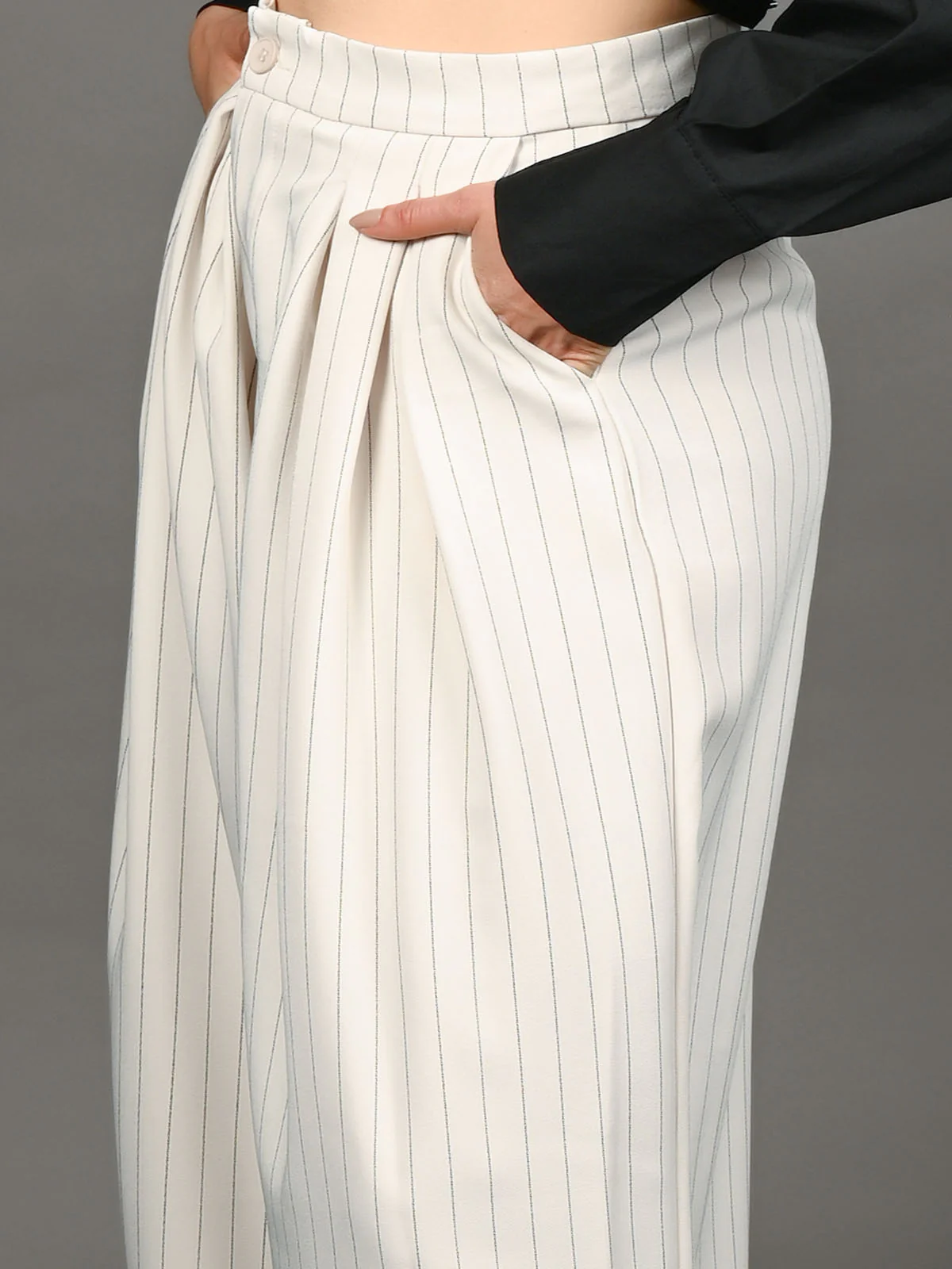 Odette Ivory Polyster Blend Striped Trouser For Women - Image 4