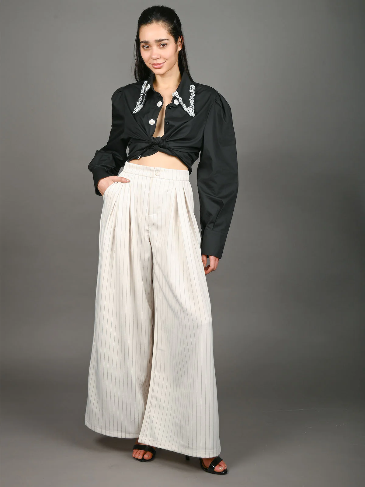 Odette Ivory Polyster Blend Striped Trouser For Women - Image 5