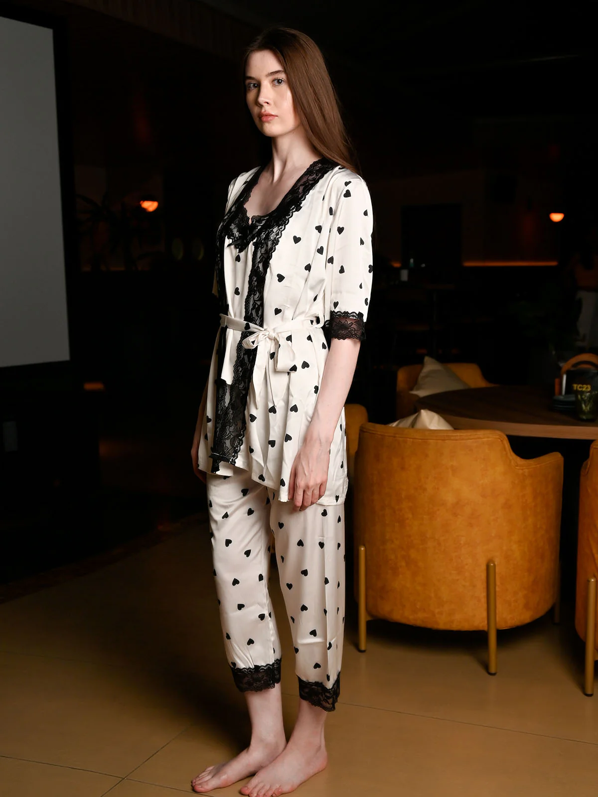 Odette Ivory Satin Printed Night Wear Set For Women - Image 3
