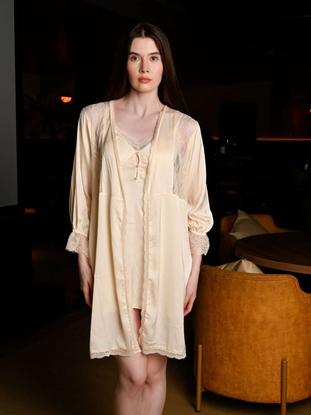 Odette Ivory Satin Solid Night Wear Set For Women - Image 2