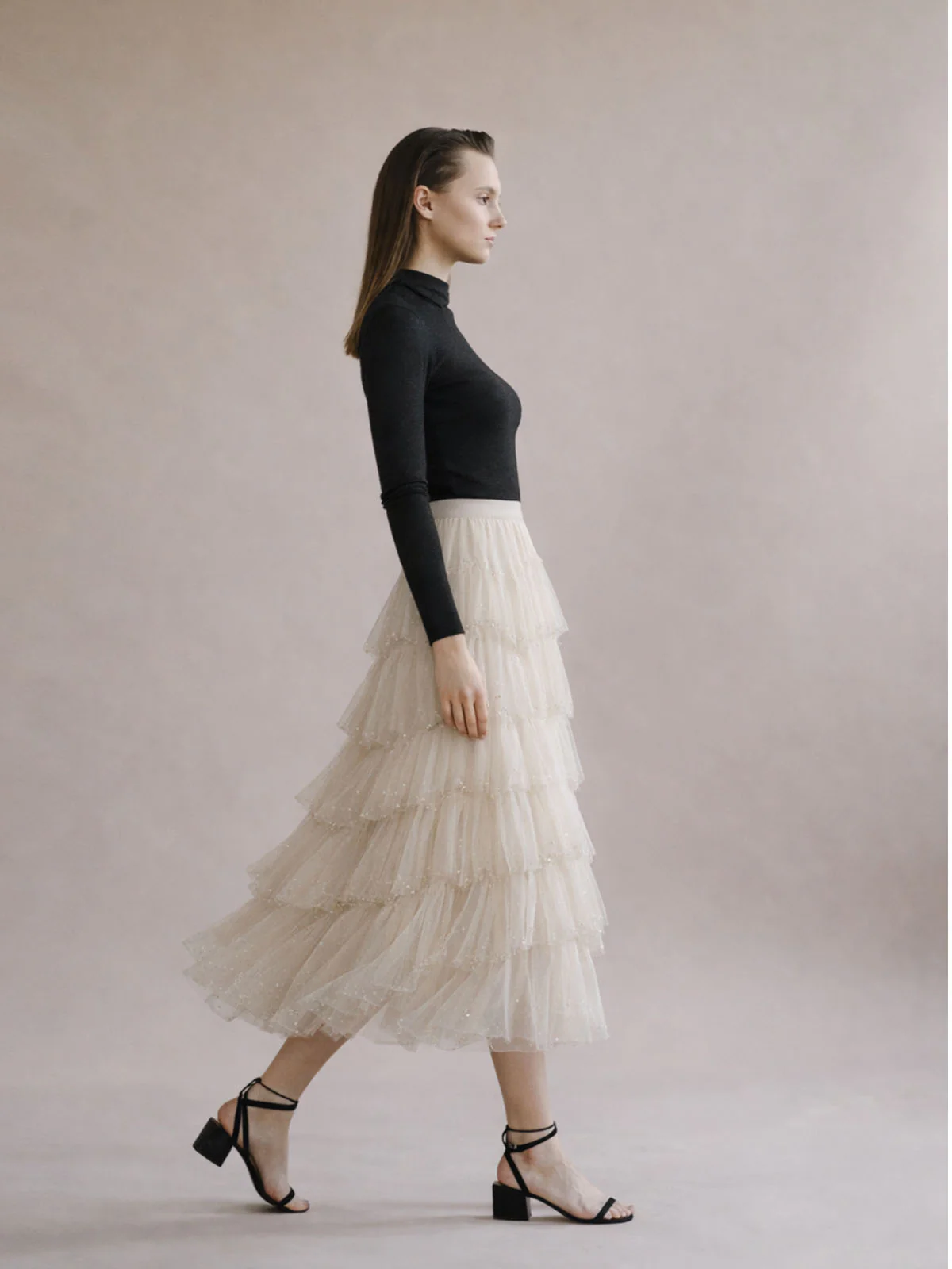 Odette Ivory Soft Net Pearl And Ruffle Skirt For Women - Image 2