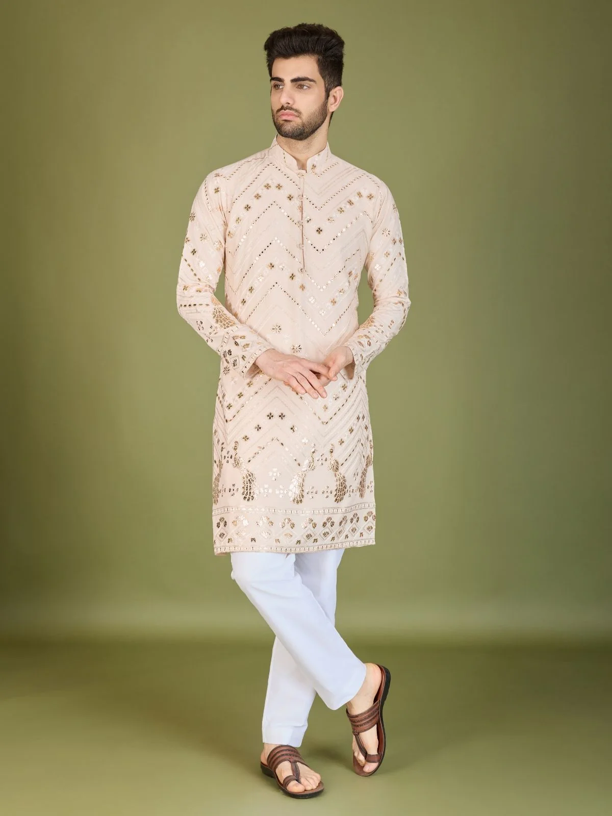 Odette Ivory Viscose Rayon Embroidered Stitched Kurta For Men - Image 3