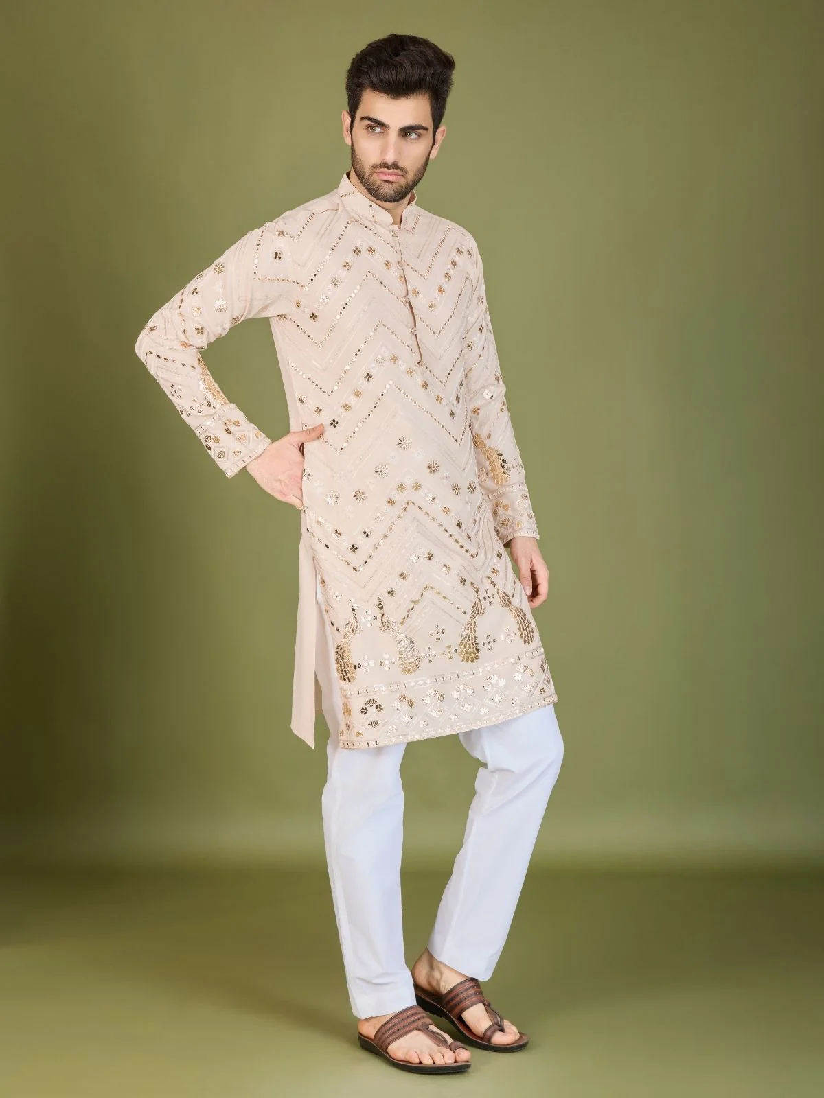 Odette Ivory Viscose Rayon Embroidered Stitched Kurta For Men - Image 4